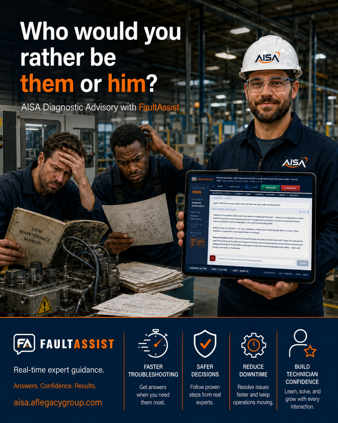 AISA Diagnostic Advisory with FaultAssist™ — two technicians struggling with manuals and printouts beside a confident technician using FaultAssist™ on a tablet